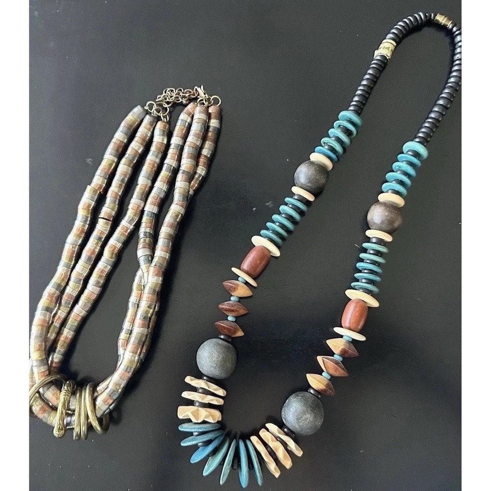 Vtg Chunky Necklaces One Mixed Metal 3 Strand And A Wood Piece Made Philippines